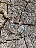Solid Sterling Silver Leaf Post Earrings with Rhodolite center stones