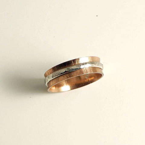 Pattern Copper Hammered Sterling Silver Band Ring Lone Gray Wolf Design