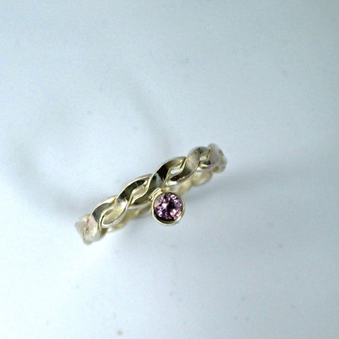 Sterling Silver Stacker Ring Twisted with Pink CZ